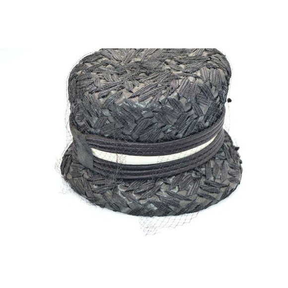 1950s Black Straw Netted White Satin Accented Union Made Cloche Hat